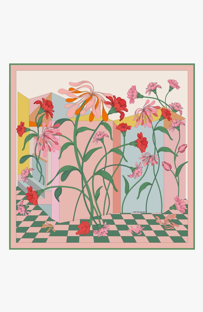 Jessie Zhao New York Double Sided Silk Scarf of Flowers Daydreams, Main, color, Red