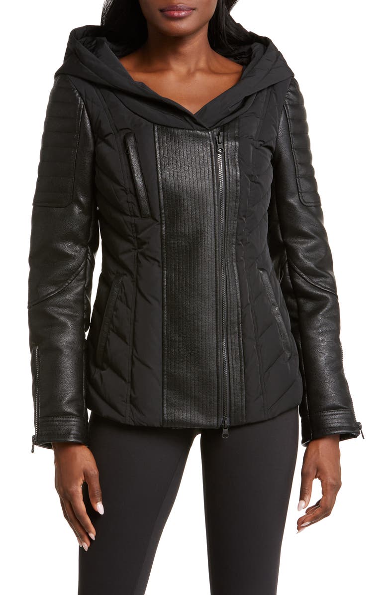 Blanc Noir Sophia Hooded Mixed Media Faux Leather Quilted Jacket with Removable Faux Fur Trim, Alternate, color, 
