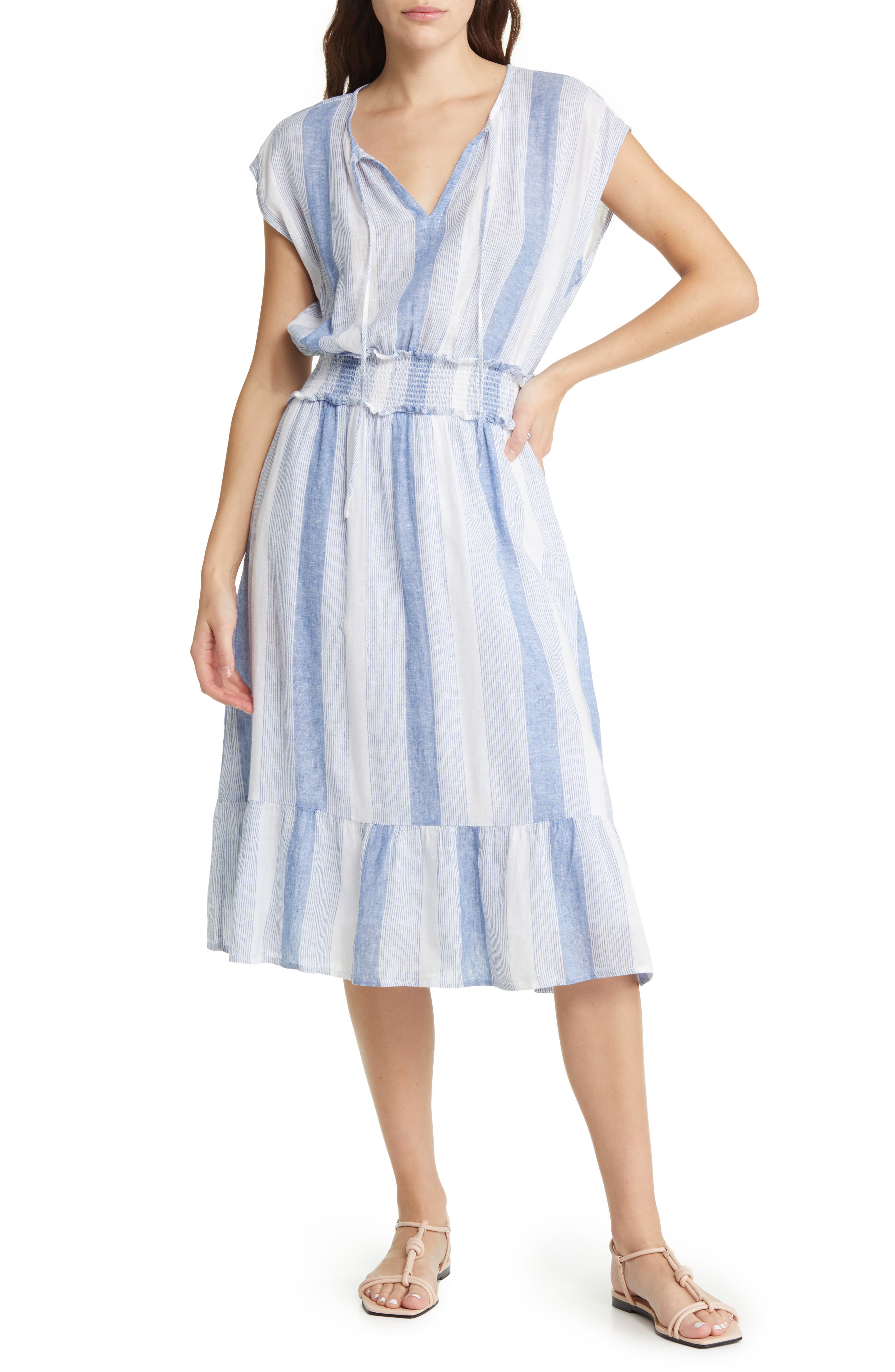 Rails Ashlyn Stripe Smocked Waist Linen Blend Dress