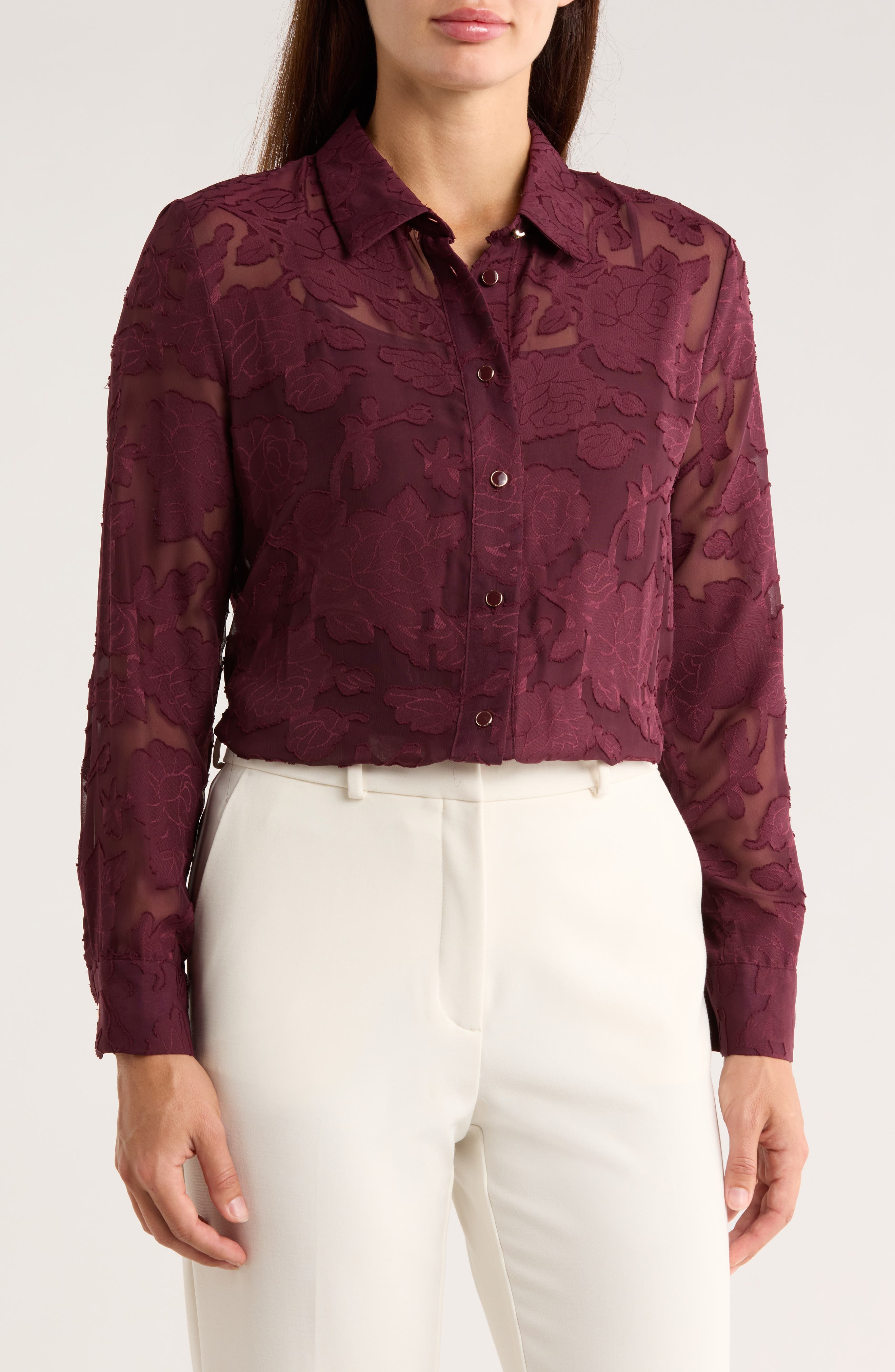 Ellen Tracy Burnout Floral Button-Up Shirt