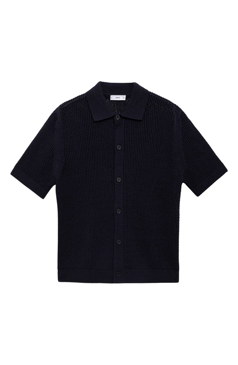 MANGO Openwork Short Sleeve Cotton Button-Up Shirt, Alternate, color, Dark Navy