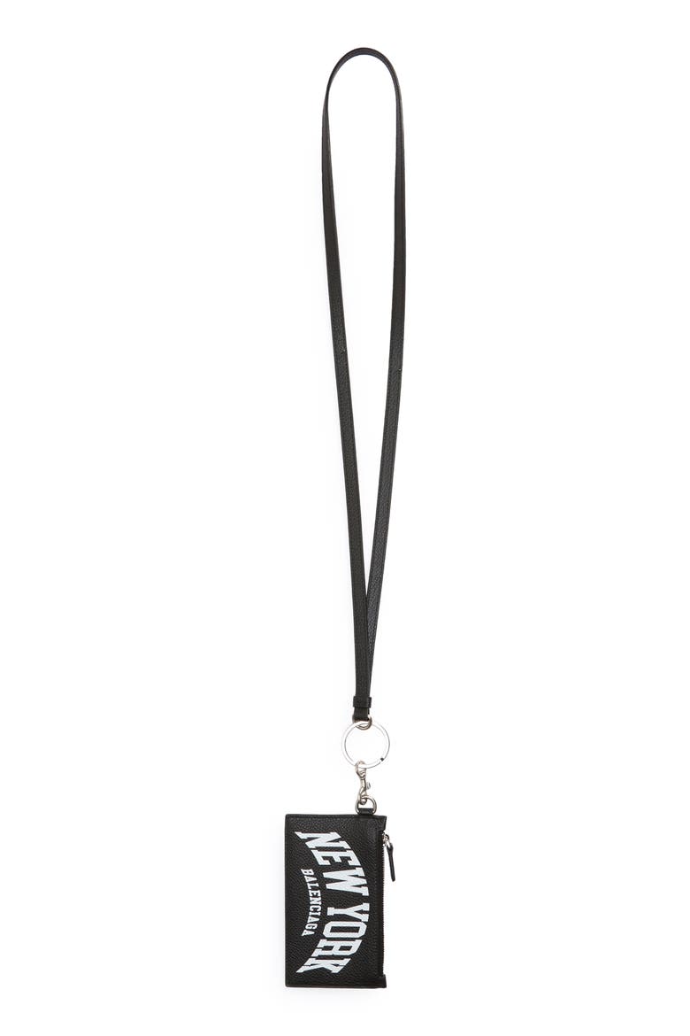 New York Leather Lanyard Card Case, Main, color, BLACK/ WHITE