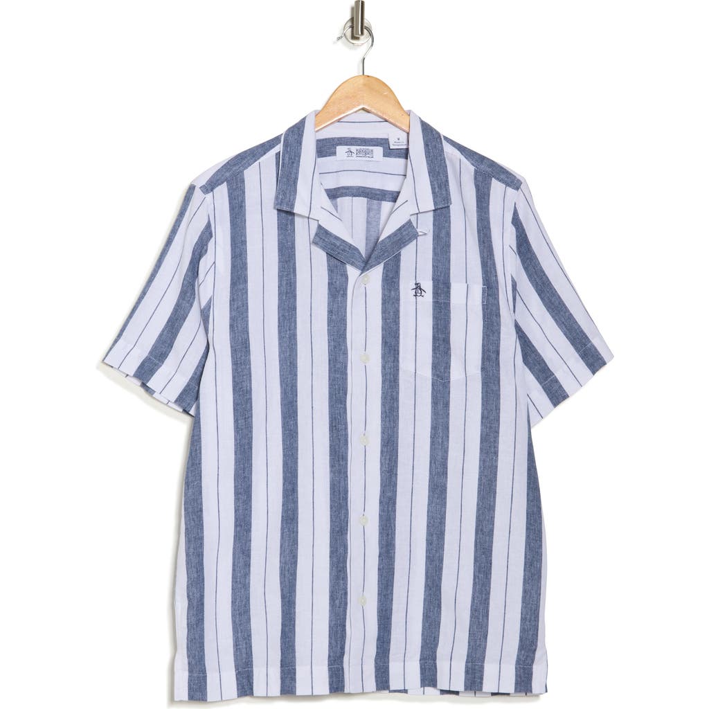 Original Penguin Vertical Stripe Linen & Cotton Camp Shirt In Blue
