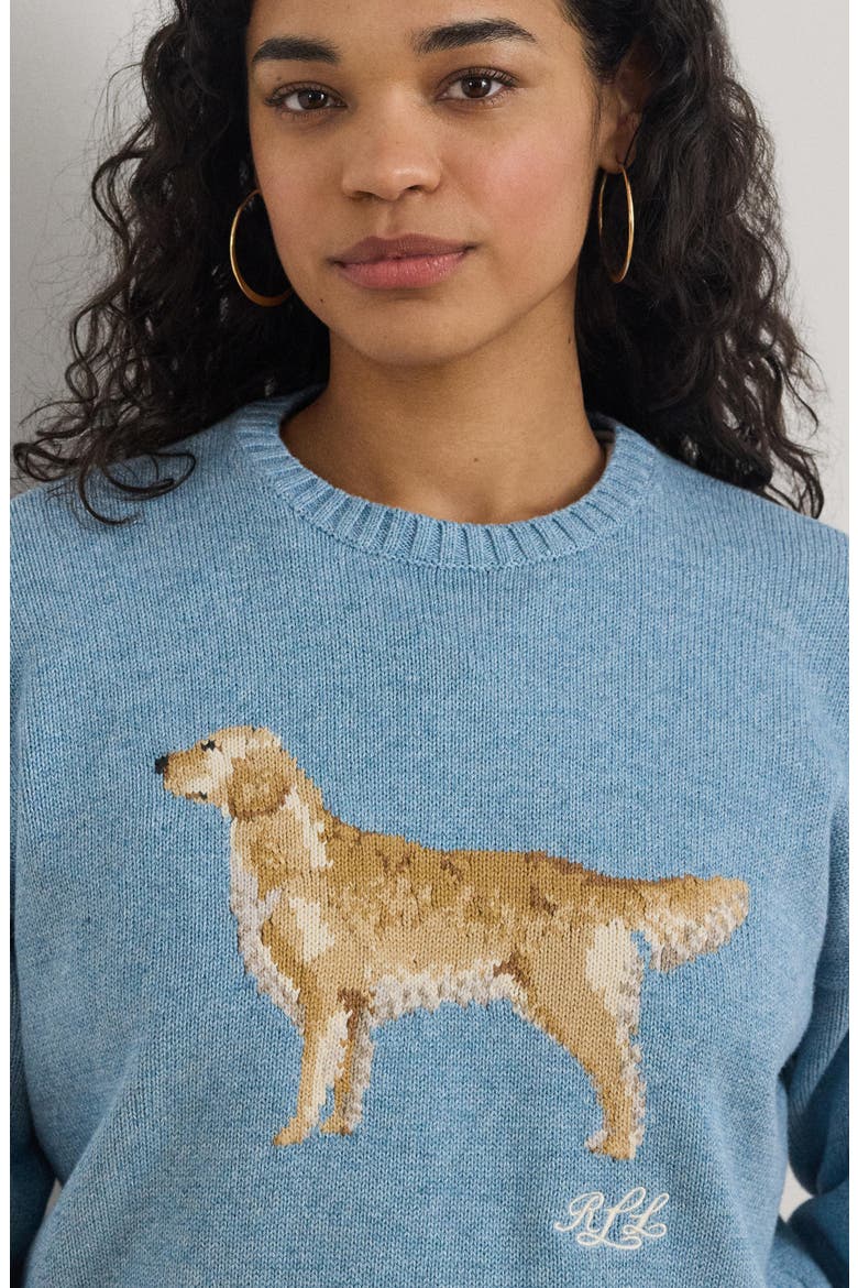 Golden Retriever Intarsia Cotton Sweater, Alternate, color, BLUE NOTE HEATHER MULTI