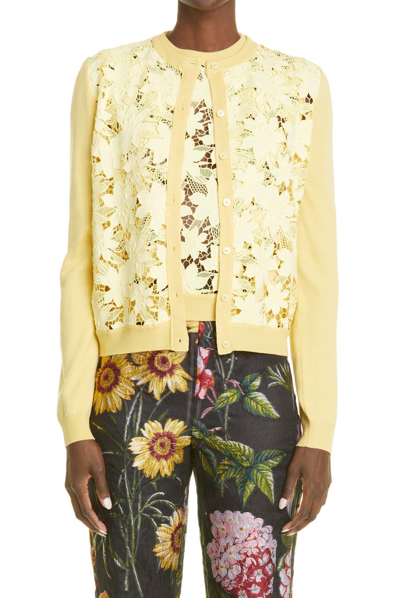 Tiger Lily Guipure Lace Inset Wool Cardigan, Main, color, BANANA