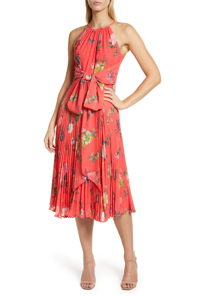 Floral Print Pleated Midi Dress, Main, color, PINK