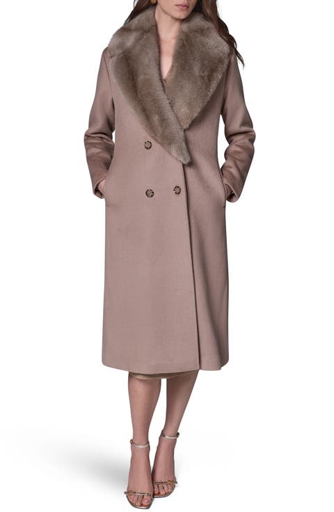 Double Breasted Slouch Coat with Faux Fur Collar