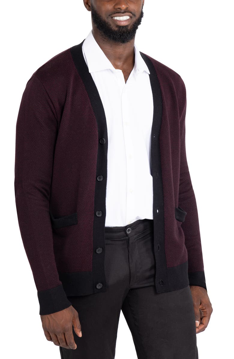 XRAY Herringbone V-Neck Button Front Cardigan, Alternate, color, Oxblood/ Black