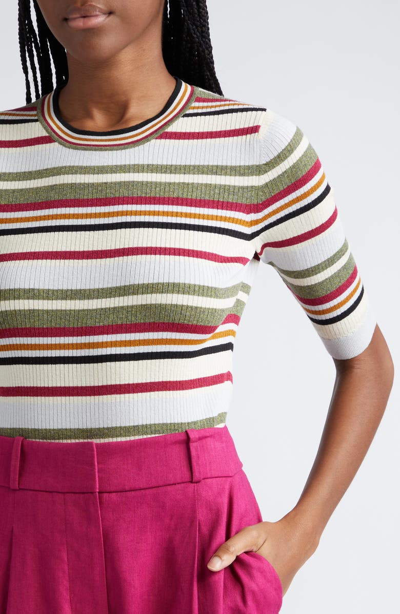 Veronica Beard Kavya Stripe Rib Sweater, Alternate, color, Ivory/ White/ Green Multi