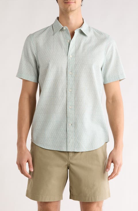 Fish Print Linen & Cotton Short Sleeve Shirt