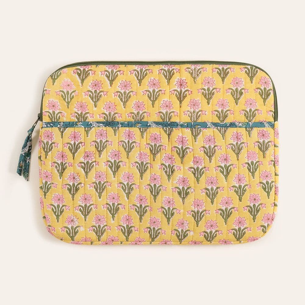 Zsa Zsa Zsu Rajpath Block Printed 100% Cotton Laptop Bag 14", Main, color, Yellow