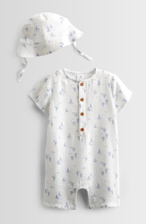 Print Cotton Henley Romper & Hat Set (Baby)
