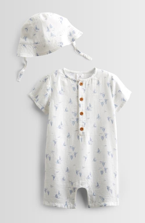 Nordstrom Print Cotton Henley Romper & Hat Set In White- Blue Sailboats