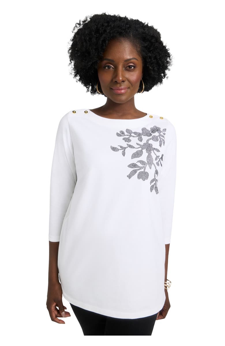Jessica London Stretch Cotton Boatneck Tunic, Main, color, White Floral Embellishment