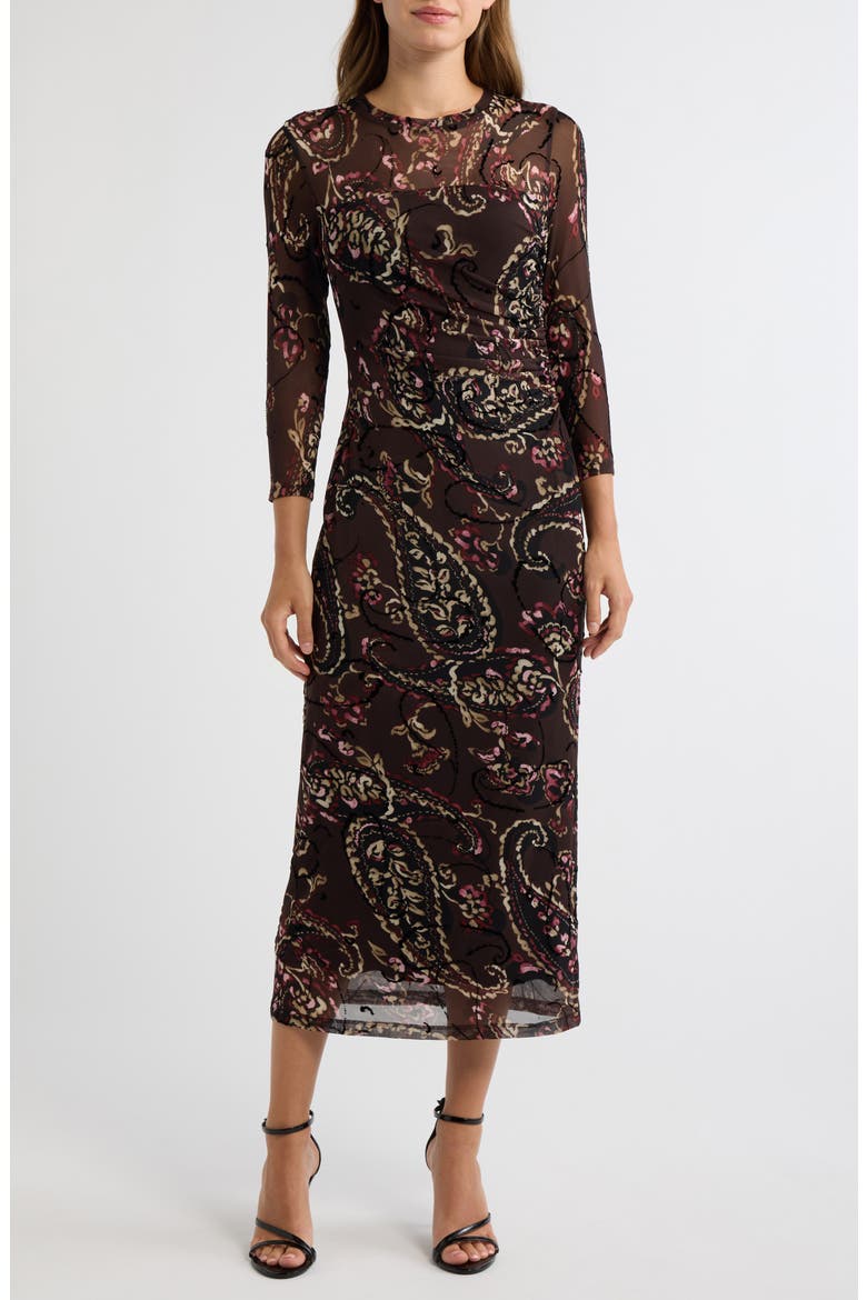 Flocked Mesh Midi Dress, Main, color, DEEP MAHOGANY MULTI