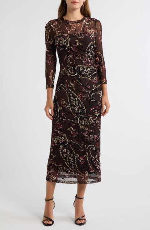 Flocked Mesh Midi Dress