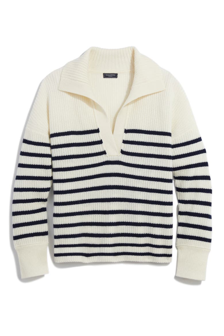 Stripe Cashmere Polo Sweater, Alternate, color, MARSHMALLOW