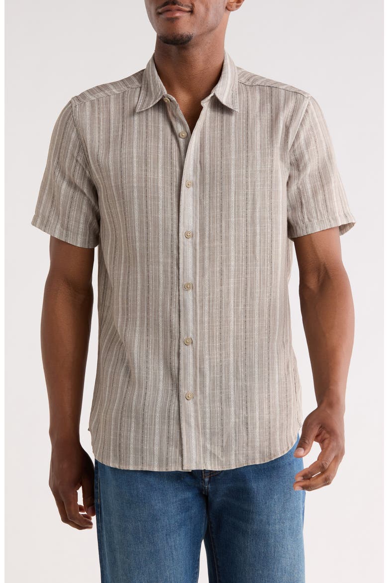 Geometric Stripe Short Sleeve Button-Up Shirt, Main, color, CHINCHILLS