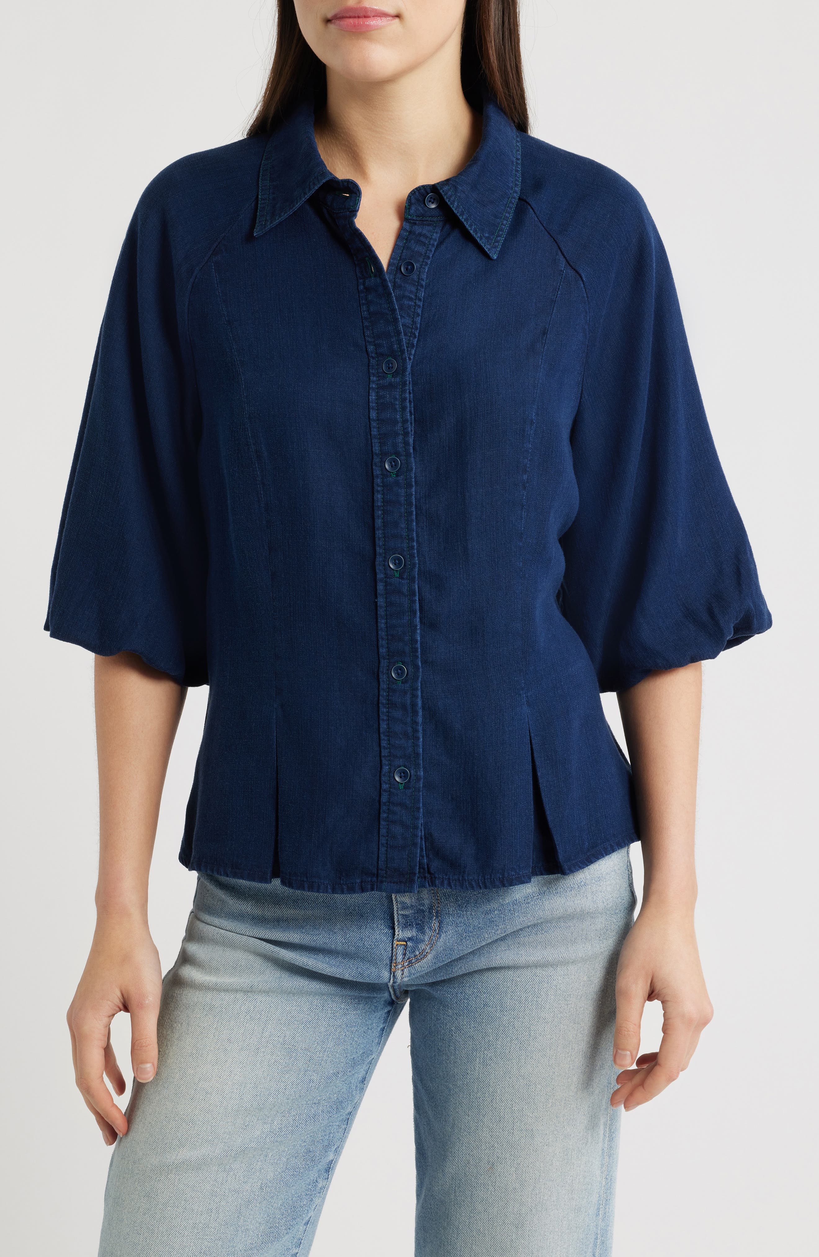 Bubble Sleeve Flare Button-Up Top