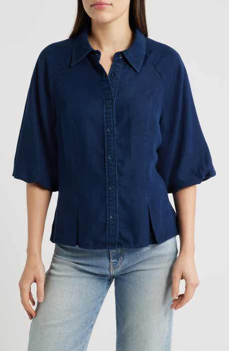 Bubble Sleeve Flare Button-Up Chambray Top