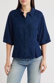 Wit & Wisdom Bubble Sleeve Flare Button-Up Chambray Top