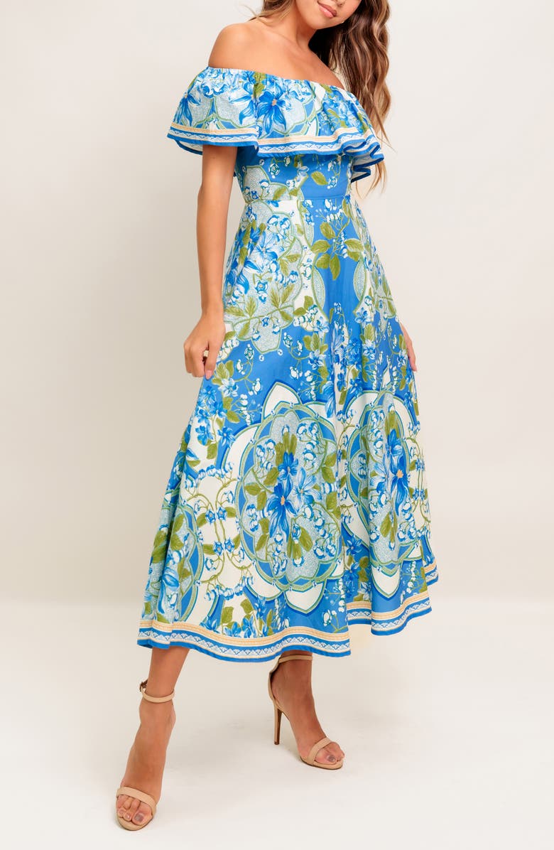 FLYING TOMATO Floral Off the Shoulder Midi Dress, Alternate, color, Powder Blue