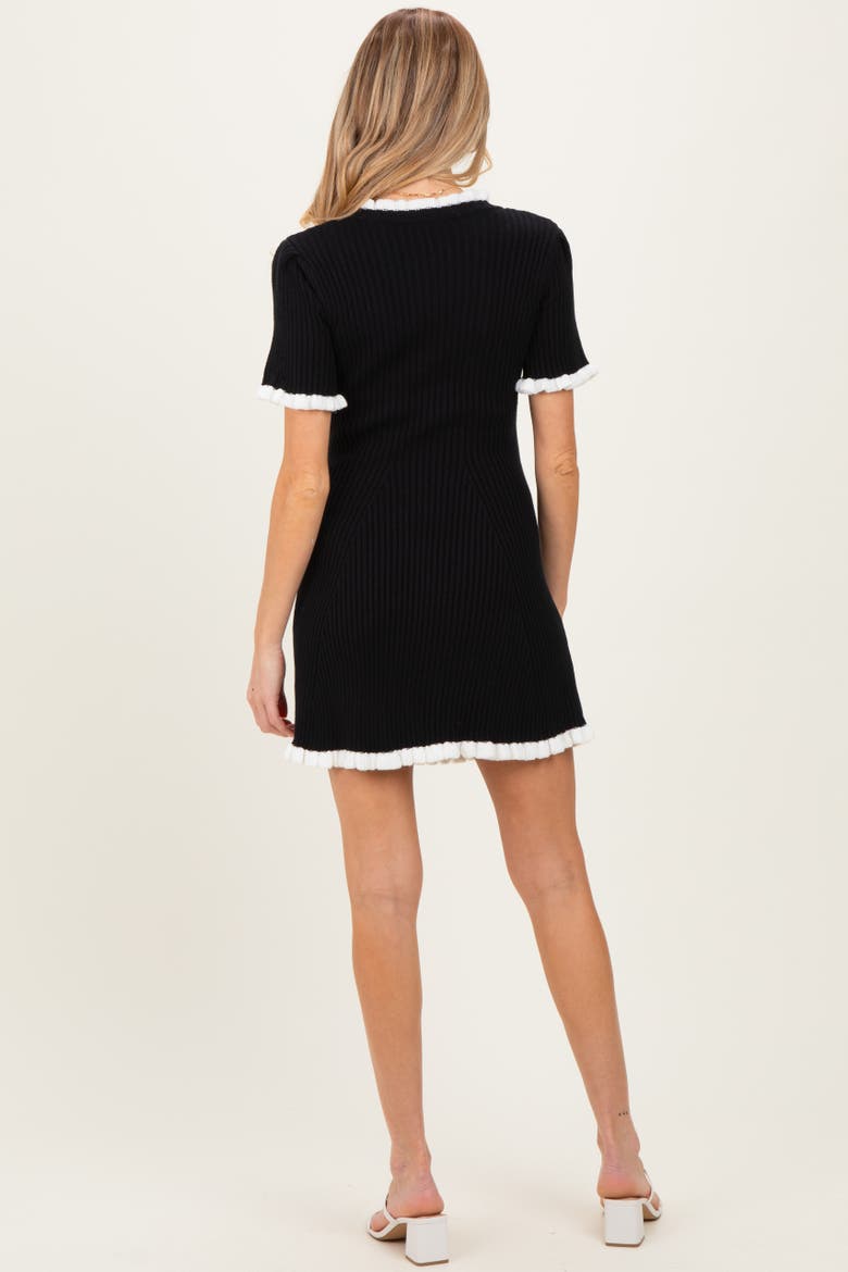 Ribbed Knit Ruffle Trim Mini Dress, Alternate, color, Black