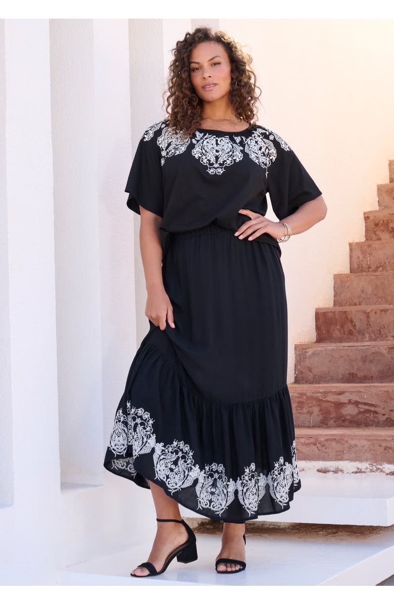 Roaman's Ruffle Printed Tunic, Alternate, color, Black Ivory Paisley