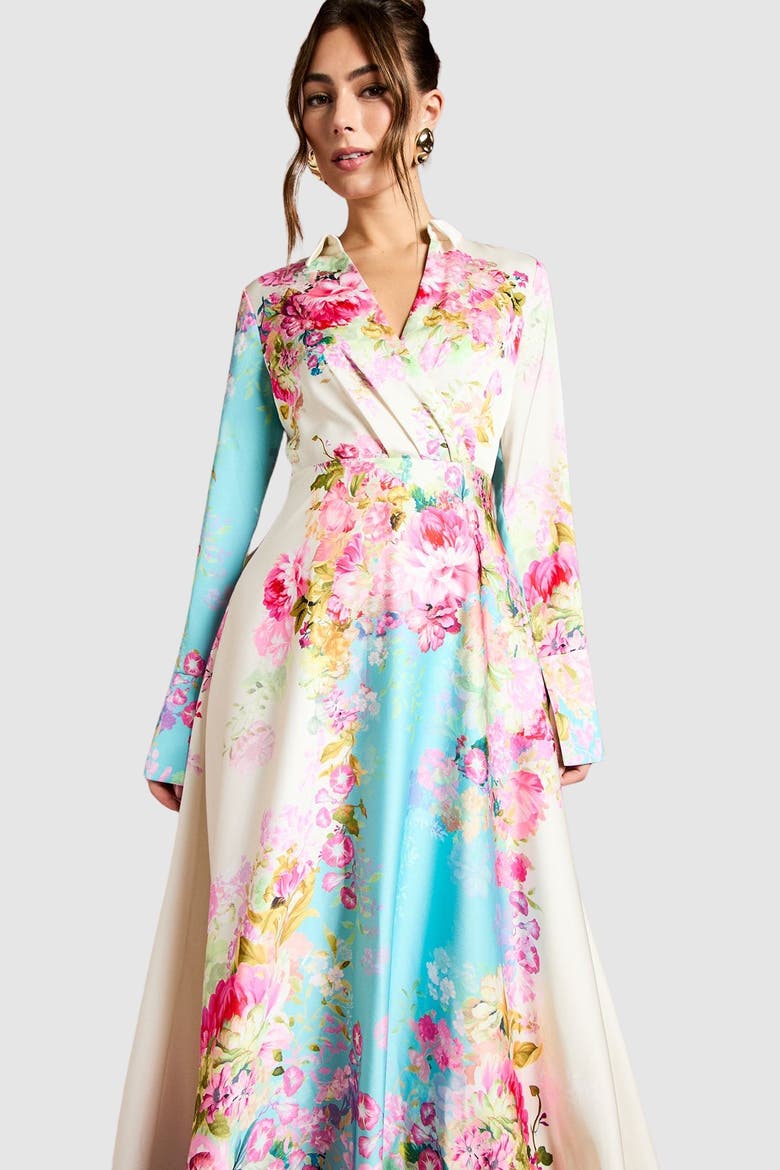 Placement Print Wrap Front Gown, Alternate, color, Multi