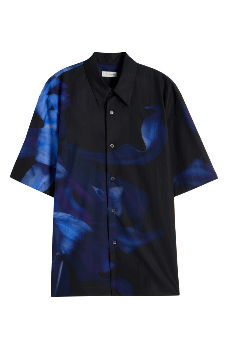 Dries Van Noten Clasen Floral Cotton Poplin Sleeve Silk Button-Up Shirt, Alternate, color, Black