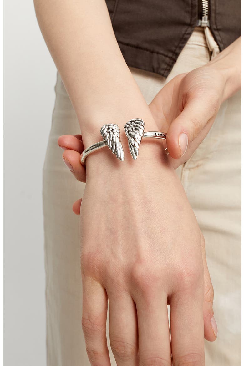 Sterling Silver-Plated Rigid Bracelet with Wing Detail at the Ends, Alternate, color, Silver