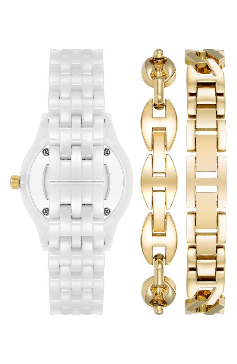 Anne Klein Three-Hand Quartz Bracelet Watch & Bracelet Set, Alternate, color, White/ Gold