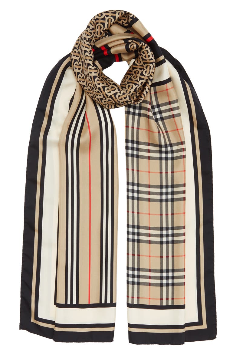 Monogram, Icon Stripe & Check Print Silk Scarf, Main, color, ARCHIVE BEIGE