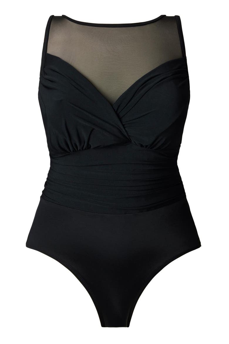 Scoopback Mesh Highneck One-Piece Swimsuit, Alternate, color, Black