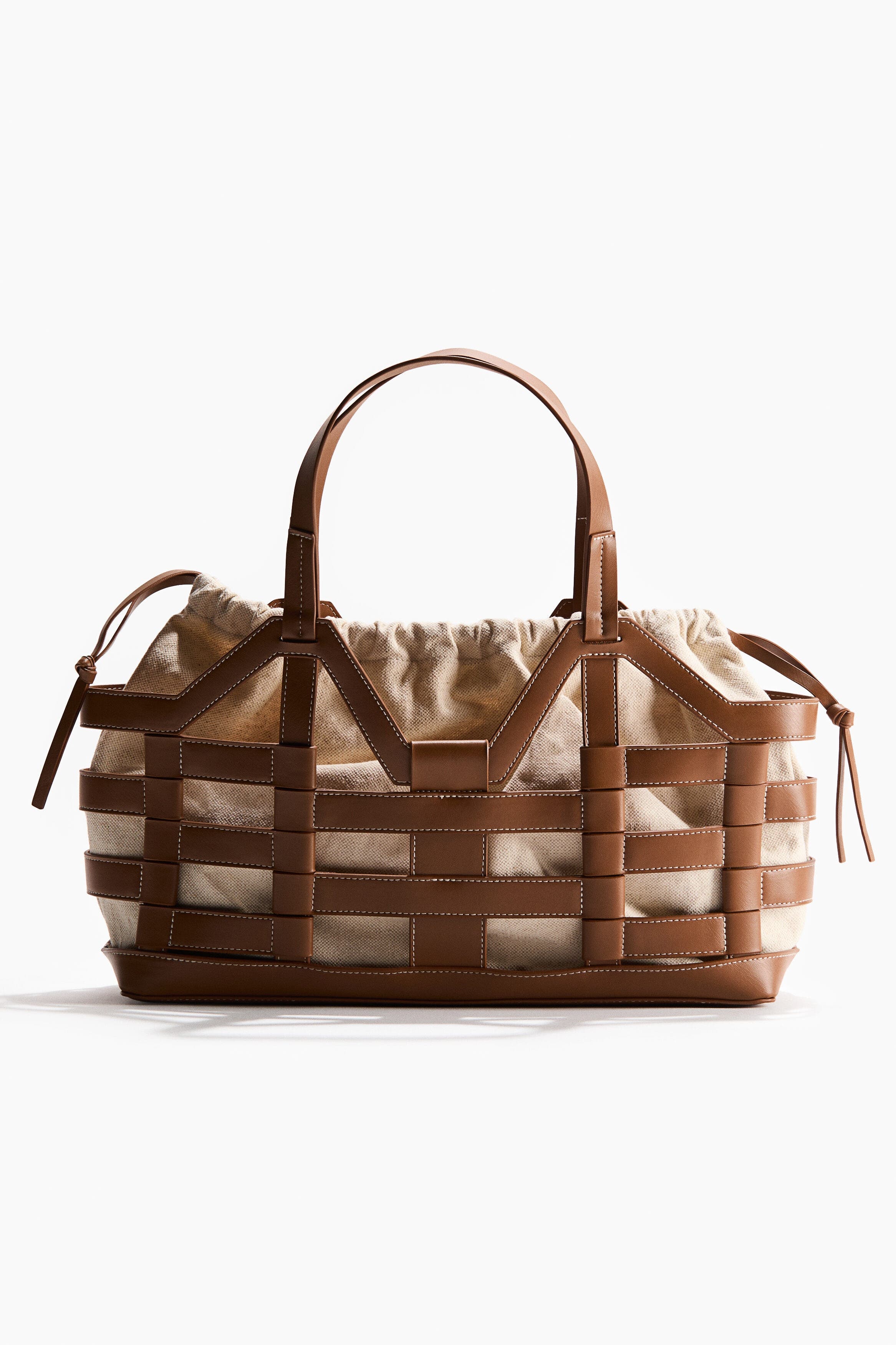 H&M Large drawstring-detail tote bag, Alternate, color, Brown/Light Beige