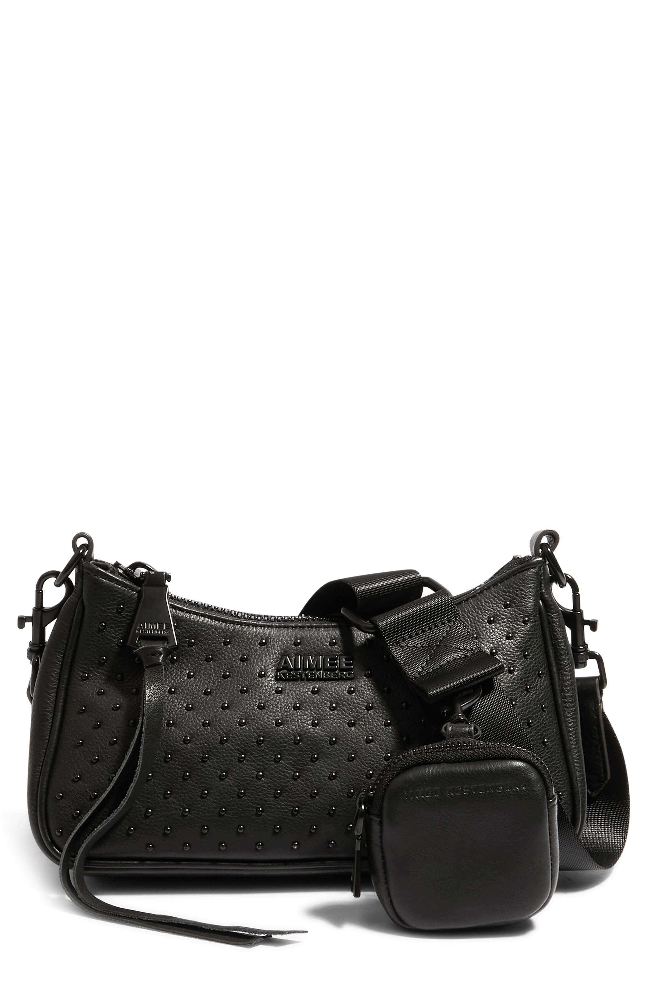 Kestenberg Topaz Leather Crossbody with Pouch, Main, color, BLACK WITH SHINY BLACK STUDS