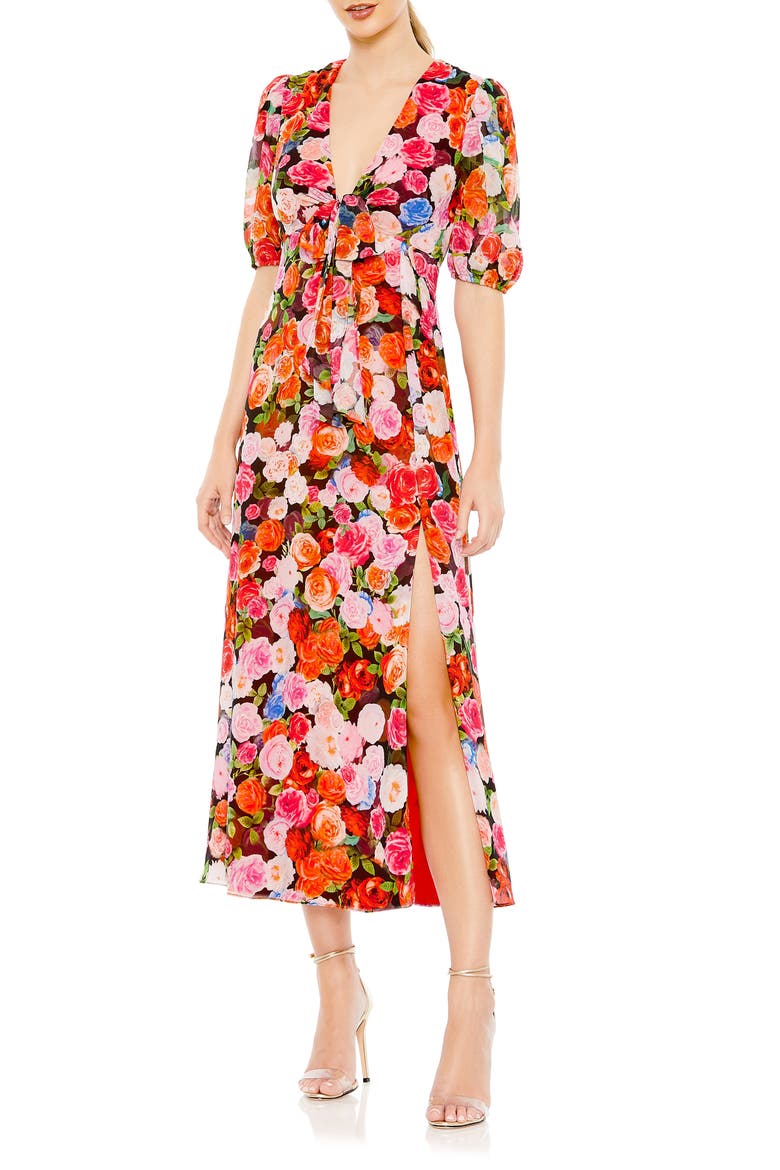 Floral Print Front Tie Puff Sleeve Flowy Midi Dress, Main, color, ROSE MULTI