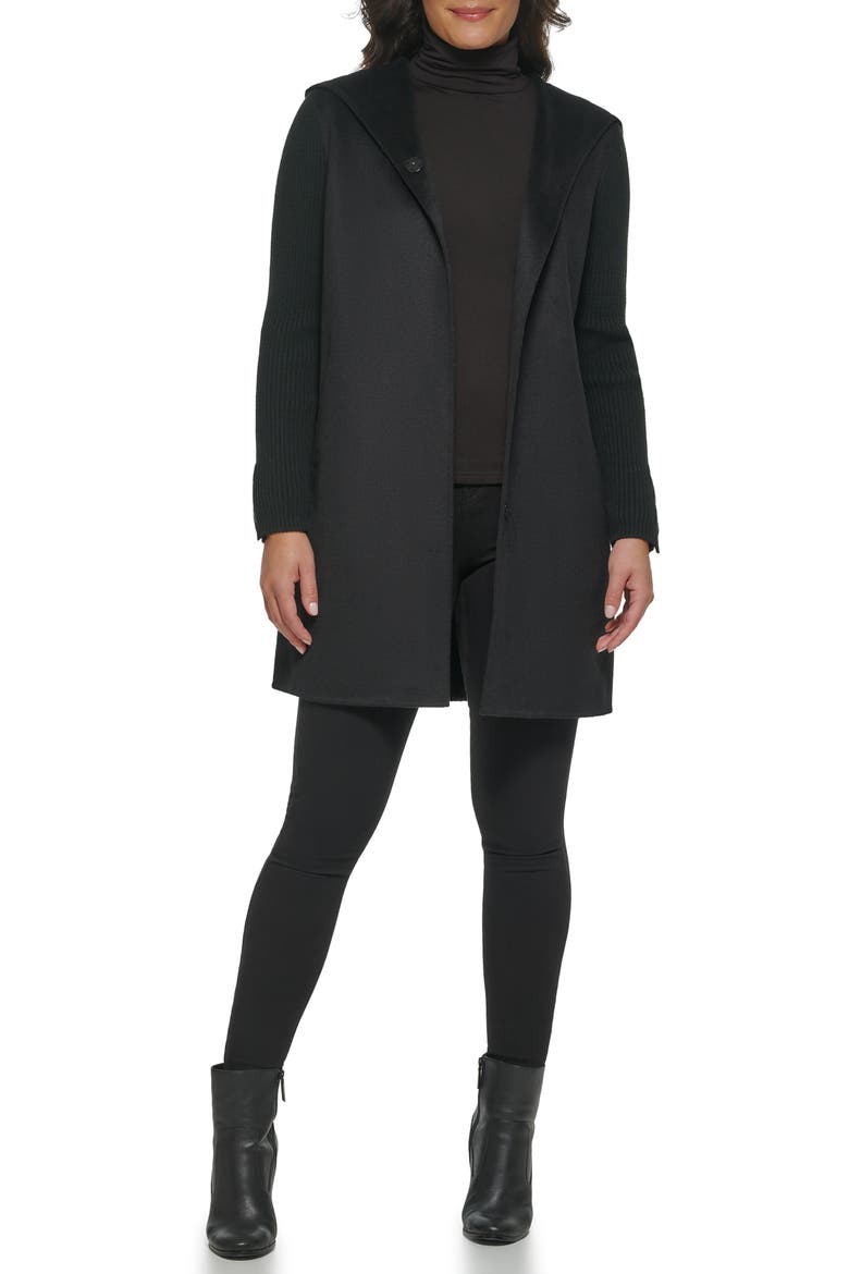Double Face Wool Blend Hooded Coat, Alternate, color, BLACK