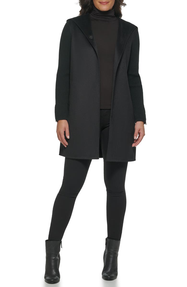 Kenneth Cole New York Double Face Wool Blend Hooded Coat, Alternate, color, Black