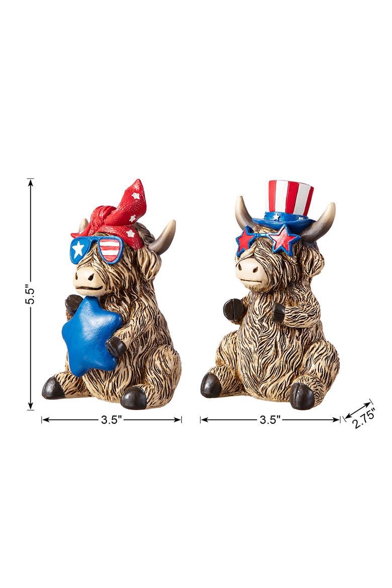 Set of 2 Patriotic Americana Resin Highland Cow with Stars Table Decor, Alternate, color, Blue