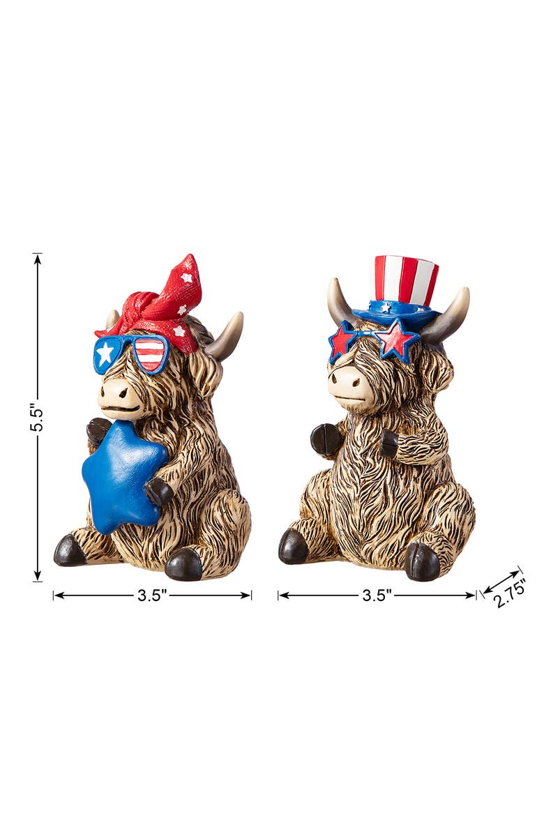 Glitzhome Set of 2 Patriotic Americana Resin Highland Cow with Stars Table Decor, Alternate, color, 