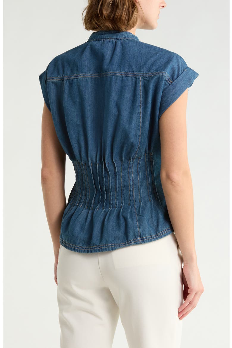 Pleated Fitted Cotton Denim Top, Alternate, color, MEDIUM WASH