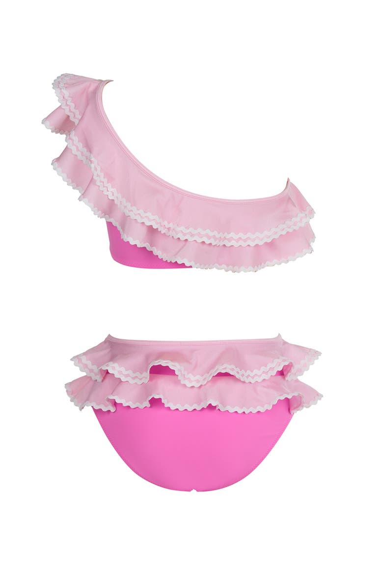 One-Shoulder Tiered Ruffle One-Shoulder with Ric-Rac Detail Two-Piece Bikini, Alternate, color, Pink