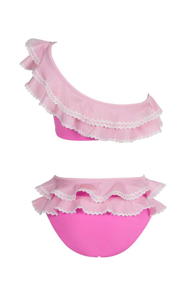 NESSI BYRD One-Shoulder Tiered Ruffle One-Shoulder with Ric-Rac Detail Two-Piece Bikini, Alternate, color, Pink