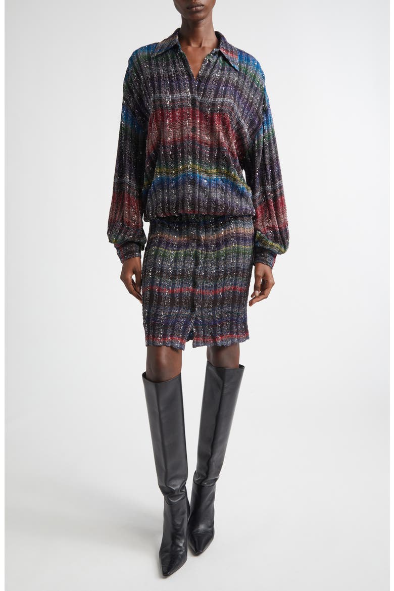 Long Sleeve Blouson Midi Dress, Main, color, BLACK MULTICOLOR TONES