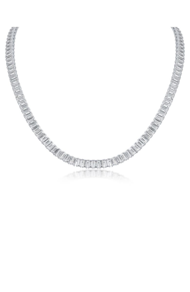 CZ by Kenneth Jay Lane Emerald-Cut Cubic Zirconia Tennis Necklace, Main, color, Rhodium Plated