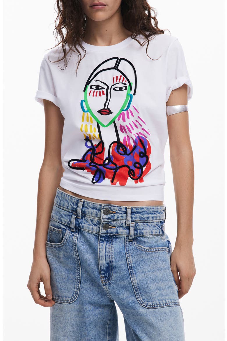 Embroidered Face Graphic T-Shirt, Main, color, WHITE