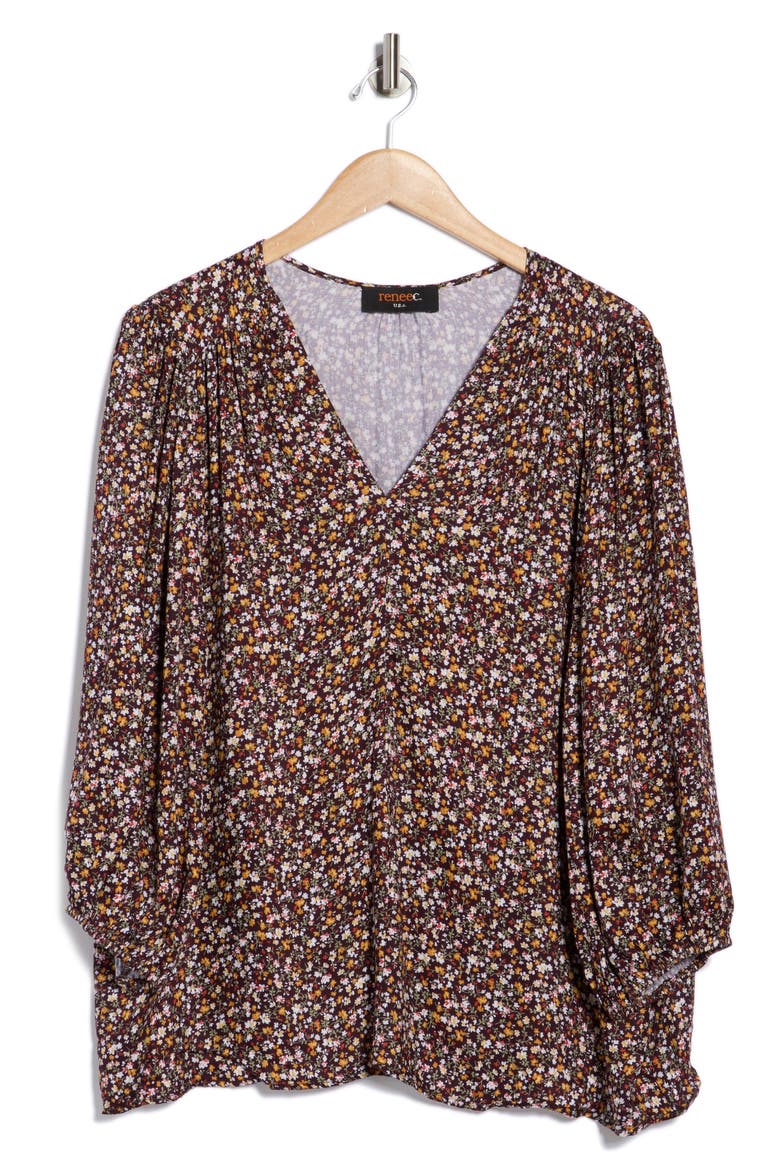 Floral V-Neck Balloon Sleeve Top, Alternate, color, WINE