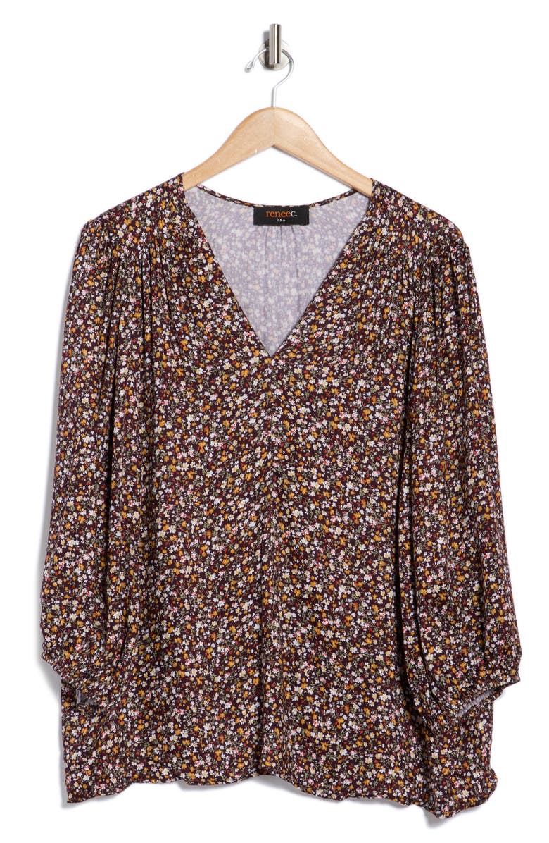 Renee C Floral V-Neck Balloon Sleeve Top, Alternate, color, Wine