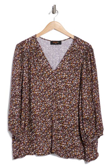 Renee C Floral V-neck Balloon Sleeve Top In Multi